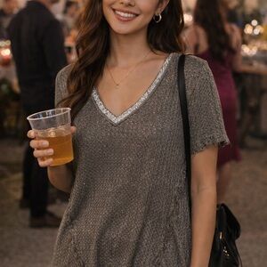 Juicy Couture Metallic Taupe Knit V-Neck Top